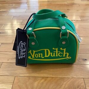 Von Dutch Mini Satchel Bag Green Yellow Logo Wings Trim Top Handle Crossbody NEW